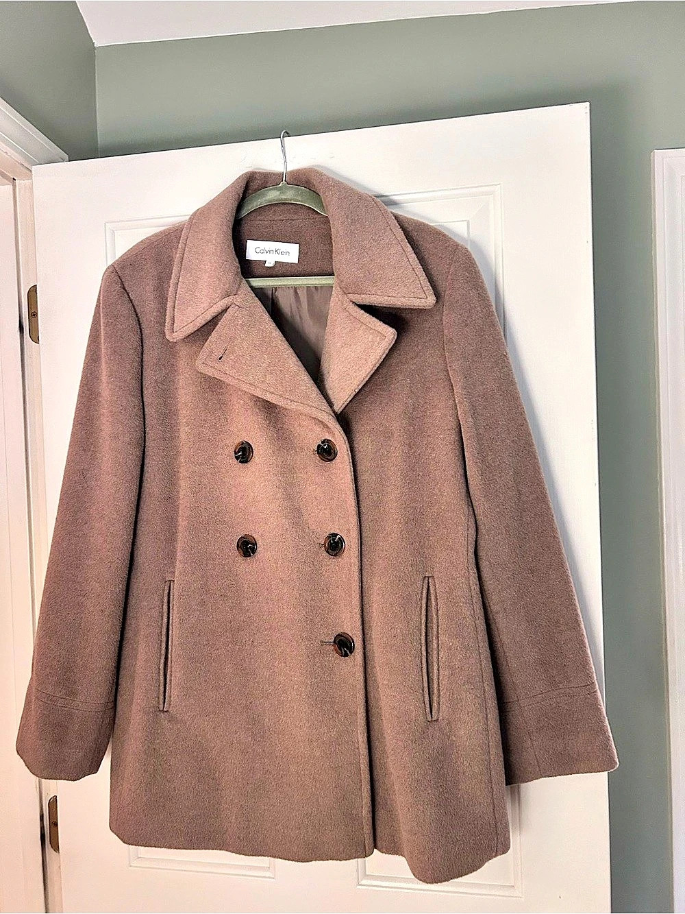 Calvin Klein Wool Blend Double-Breasted Pea Coat in Brown Sz 14 hardly worn.